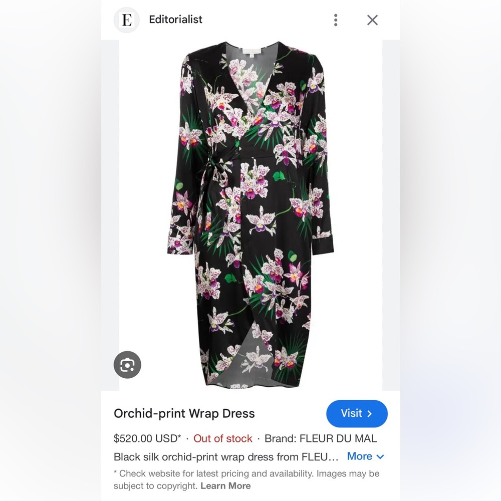 100% Silk Fleur du Mal Black Orchid-Print Long Sleeve Wrap Dress